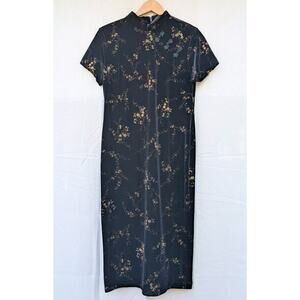Amanda Smith‎ Vintage 90s Black Velvet Cheongsam Style Sheath Dress Sz 12P Midi